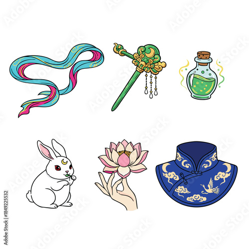 Collection of mystical and traditional East Asian cultural elements.