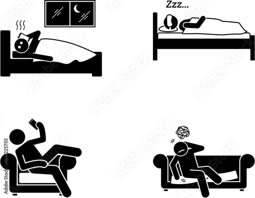 A stick figure illustration depicting various states of sleep, rest, and discomfort, including sweating in bed, sound sleep, relaxing on a couch, and experiencing a headache.