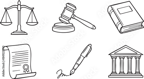 Black and white line art illustrations of legal symbols scales gavel book scroll pen and courthouse