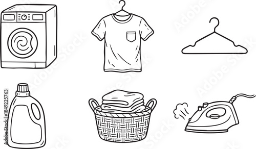 Black and white line art of laundry items including washing machine basket shirt hanger iron and detergent