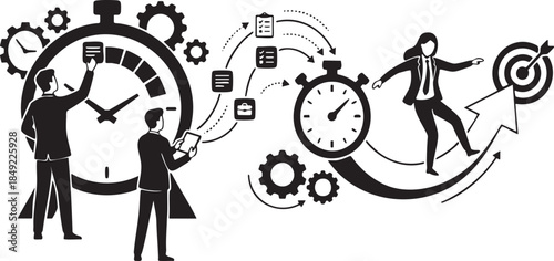 Business people interacting with clocks gears and target on white background illustration time