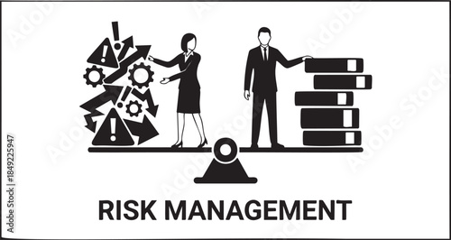 Business people on scales balancing risk and reward with gears and arrows balance