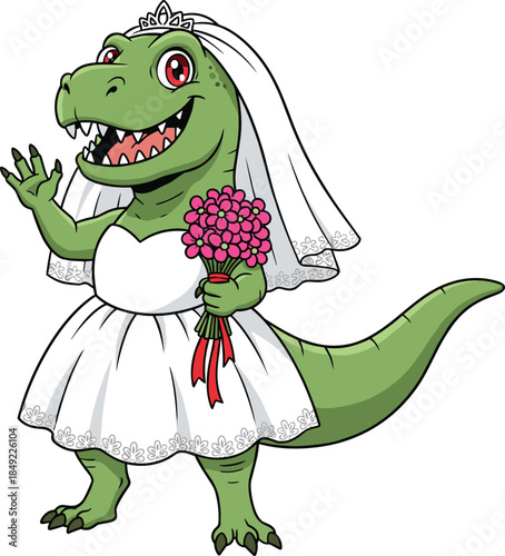 Cartoon dinosaur bride in wedding dress with bouquet and veil, smiling character, flat vector illustration