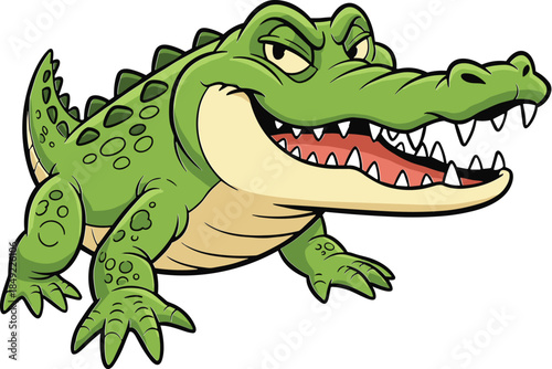 Cartoon crocodile character with sharp teeth and fierce expression, flat vector illustration