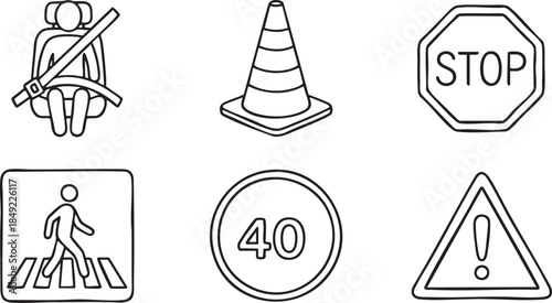 Collection of six black and white line art icons depicting traffic and safety symbols seatbelt