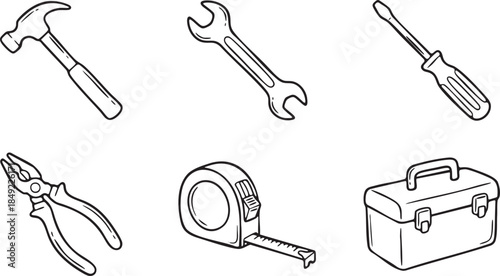 Collection of six hand drawn black and white tools including hammer wrench screwdriver pliers tape measure and toolbox