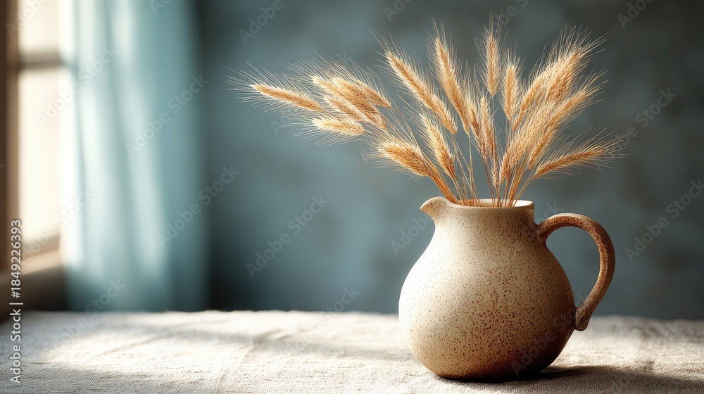 Fototapeta premium Rustic Ceramic Pitcher with Wheat Stalks on Sunlit Table