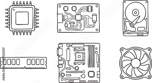 Hand drawn computer components cpu ram hard drive motherboard and fan processor vector