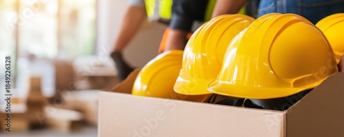 Yellow hardhats in a box. Workers safety equipment at construction site, safety , building