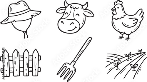 Hand drawn farm elements including hat cow chicken fence pitchfork and field farming agriculture