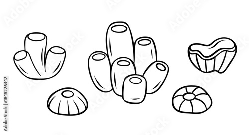 collection of sea sponges, underwater marine life, simple vector black and white icon, doodle and sketch style, Hand-drawn element for oceanography and aquatic concepts