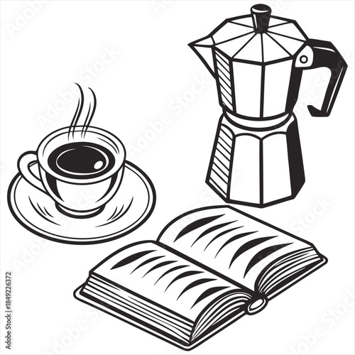  Coffee and opened book sketch publication drawing silhouette vector on a white background