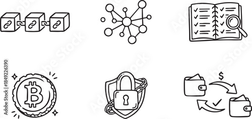 Hand drawn icons depicting blockchain technology security and cryptocurrency transactions network