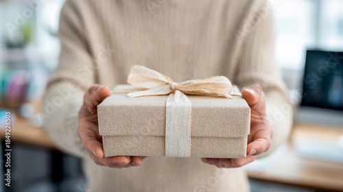 A person, blurred background, offers a present. Box covered with paper & tied with ribbon. Soft lighting in a workplace setting