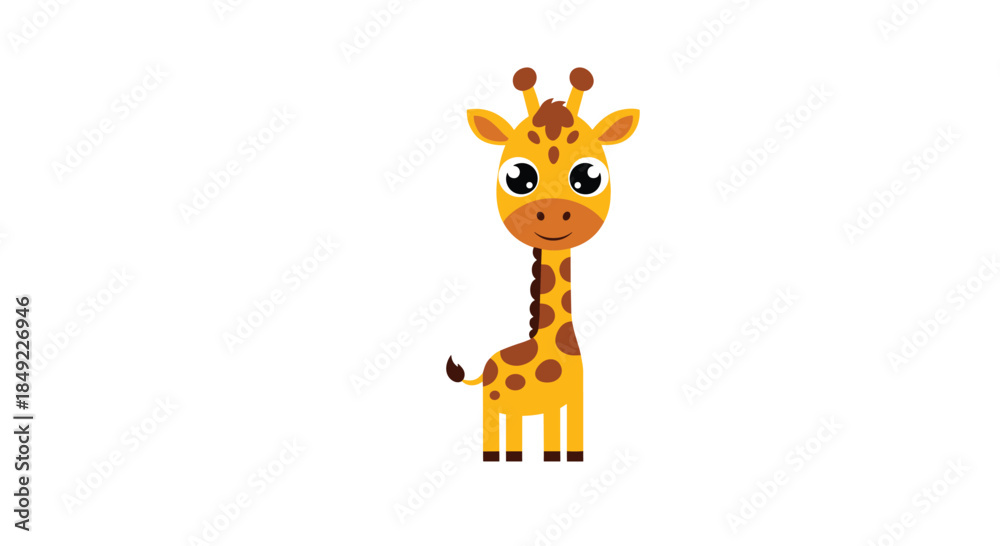 Obraz premium Cute baby giraffe character with big expressive eyes and a long neck stands on a plain white background for nursery art.