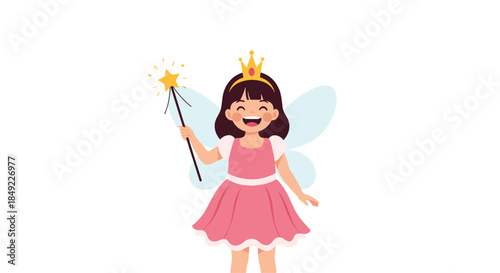 Little girl dressed in a pink fairy costume with wings and a magic star wand smiles happily on a plain white background.