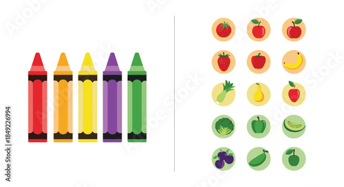 Set of colorful crayons next to various fruit and vegetable icons in circles to inspire children to draw and color healthy food.