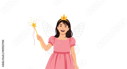 Happy young girl dressed as a fairy with wings a pink dress and a magic wand against a white background.