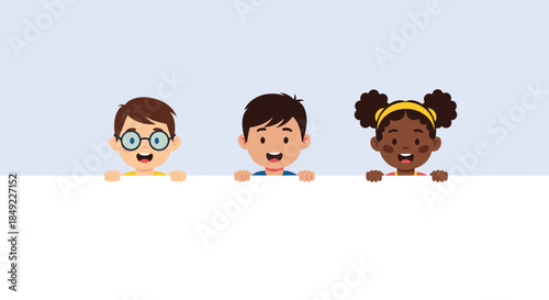 Three diverse children a boy with glasses a boy and a girl with curly hair peeking over a white banner.