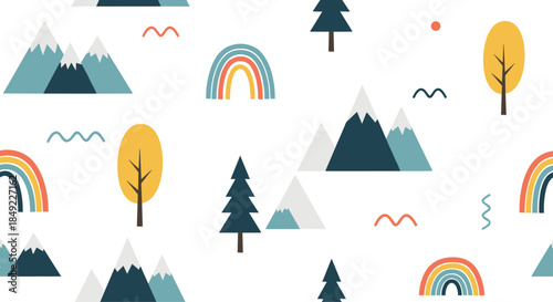 Simple seamless pattern background featuring mountains pine trees rainbows and abstract shapes on a white background.