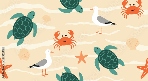 Seamless beach themed pattern featuring sea turtles crabs seagulls and starfish on a sandy shore background.