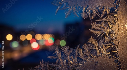 Macro Photography of Intricate Frost Patterns on Window Glass with Blurred Colorful City Night Lights and Bokeh Background