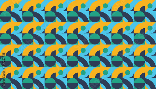 Seamless abstract geometric pattern with curved shapes and bold color contrast