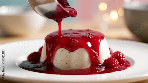 Pouring Raspberry Sauce on Panna Cotta Dessert With Raspberries