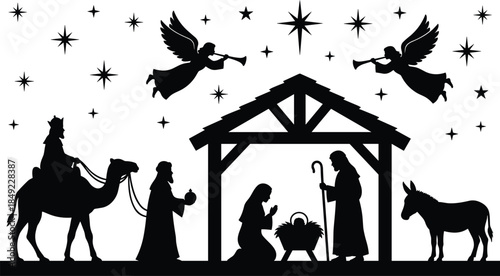 Christmas nativity scene silhouette with holy family, baby Jesus in manger, Mary, Joseph, three wise men, angels, camel, donkey, and starry night sky,