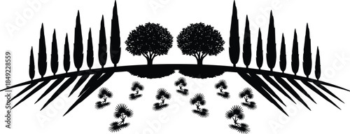 Mediterranean landscape silhouette with symmetric cypress trees, olive trees on horizon, palm plants, and garden elements for nature travel and outdoor vector design,