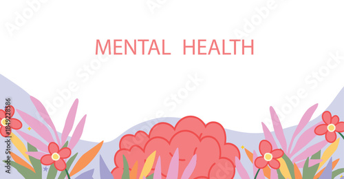 Mental health awareness banner with abstract landscape and nature elements. Symbol of emotional balance, calmness and wellbeing. Modern flat design for wellness, psychology and healthcare projects.