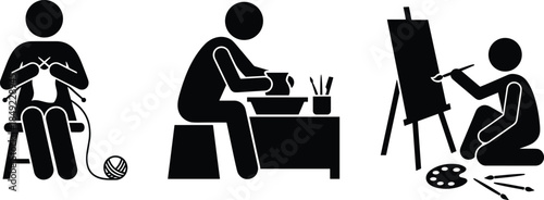 Vector black stick figure silhouette set of people engaged in creative hobbies, knitting yarn, making pottery, and painting on canvas, artistic craft activities.