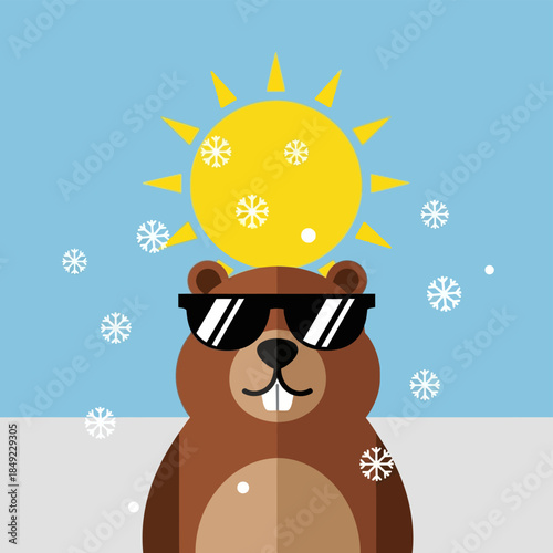 A cartoon beaver wearing sunglasses smiles under a sunny snowstorm f 11