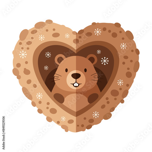 A cute cartoon groundhog peeks out from a heart-shaped cookie with snowflakes on a white background f 12