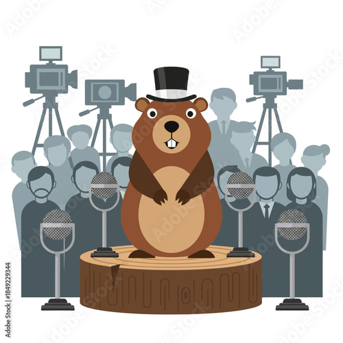 Groundhog gives a press conference on stage with microphones and cameras.