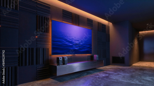 A modern home theater room with a large screen displaying ocean waves, acoustic panels on walls, and ambient lighting.