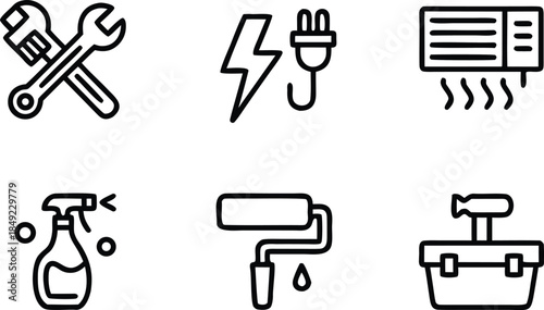 Maintenance and repair tools icons for home services and professional repairs including equipment