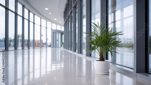 Modern office corridor with floor to ceiling windows and potted plant