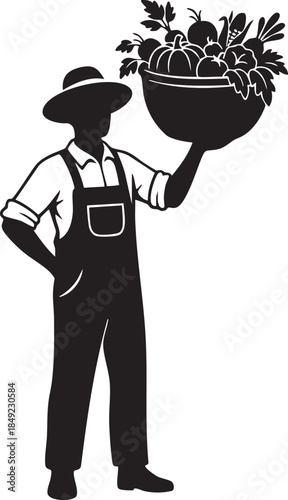 Farmer Holding Harvest Basket Overflowing Vegetables Silhouettes isolated on white background