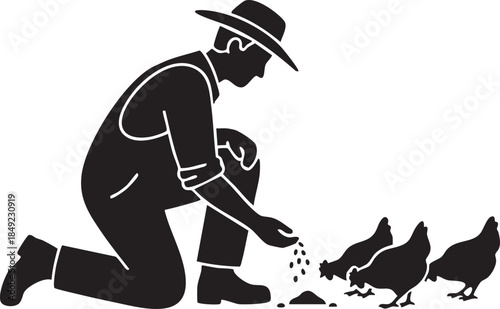 Farmer Kneeling Feeding Chickens Poultry Farming Silhouettes isolated on white background