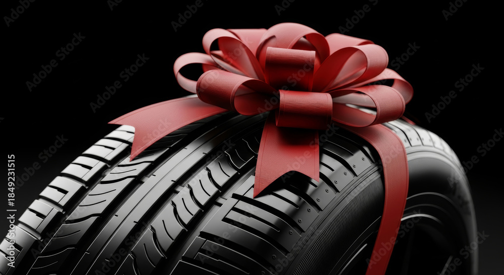 Naklejka premium New car tire with red ribbon bow gift concept for auto promotion or sale on black background