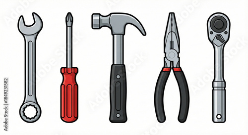 Collection of assorted tools including a wrench, screwdriver, hammer, pliers, and ratchet, perfect for DIY projects and repairs