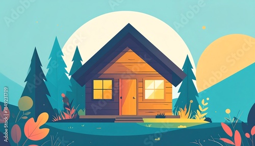 A quaint wood cabin nestled amongst stylized trees, lit by a warm, round sun in a teal and orange landscape