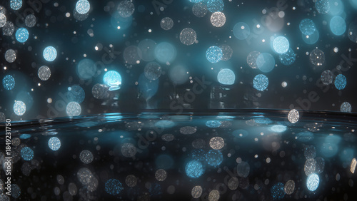 Blue glitter bokeh lights over dark reflective water background
