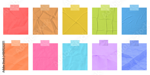 So many different colored unique soft crumpled sticky notes papers against in the wall isolated on transparent background.