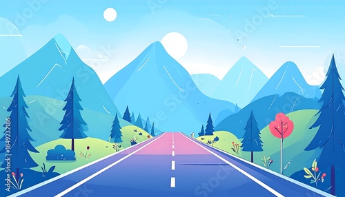 A road winds to the mountains, in a vector landscape, pastel hues with a sky of blended blues