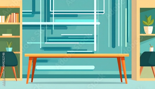 A room is arranged with a long table, bookcases, plants and a wall with light blue geometric shapes