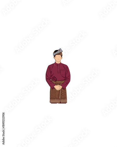 One wears traditional clothing: a maroon sleeve, a tan sheet, and a head covering, with folded hands in front of the body.