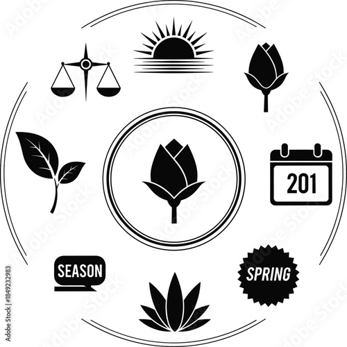 Spring season icons with leaves and calendar