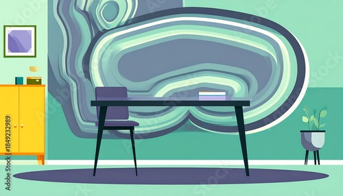 A room with a desk, chair, cabinet, plant, and a layered, abstract artwork on the wall